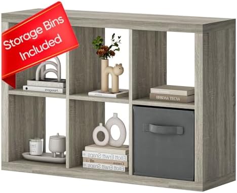 furtble Bookshelf with Storage Bin, 6-Cube Storage Organizer, Modern Wood Open Bookcase, Multifunctional Display Shelf f