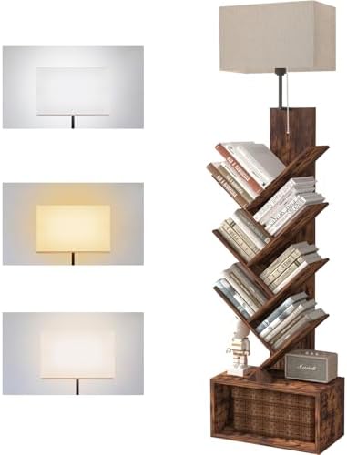 3-Tier Tree Bookshelf with 3-Color LED Lights, Small Narrow Tall Floor Standing Bookcase with Storage Organizer, Rustic 