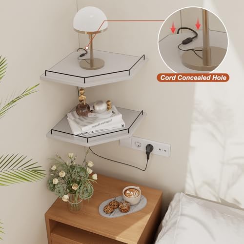 JJL Corner Shelf Wall Mounted, 12 Inches 2-Tier Floating Corner Shelf, Hexagon Rustic Wood Decor with Fence, White Float
