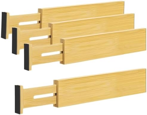 4 PCS Expandable Wooden Drawer Dividers, 2.6 in High Adjustable Wood Drawer Organizers, 12.5 to 17.5 in Spring Loaded Se