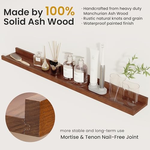 Acovy Solid Ash Wood Floating Shelves, 48 Inch, Walnut, Set of 2