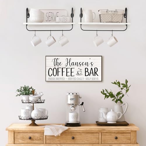 Olakee Floating Wall Shelves for Kitchen Bathroom Coffee Nook with 10 Adjustable Hooks for Mugs Cooking Utensils or Towe