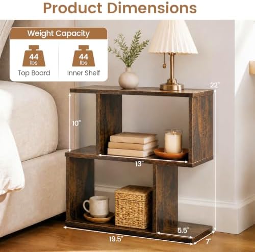 GIANTEX 3-Tier Geometric Bookshelf, Wood S-Shape Bookcase, Brown