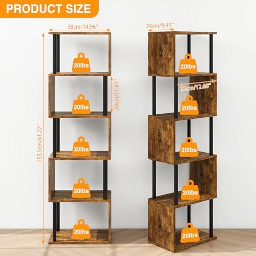 IBUYKE 6-Tier Tall Bookshelf,S-Shaped Geometric Bookcase,Brown WBC016H