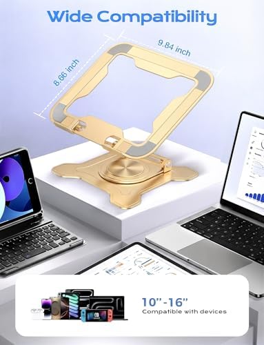 JCZT 360° Rotating Laptop Stand for Desk, Metal Foldable Laptop Riser, Gold