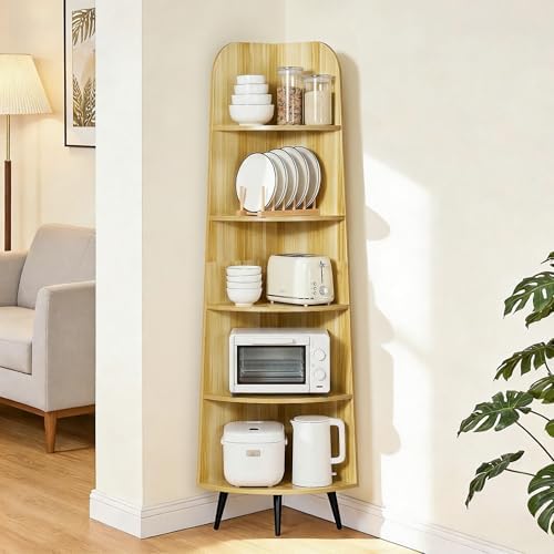 VECELO 5-Tier Curved Corner Shelf, 66.93" Tall Display Rack, Natuarl Wood | Curved modern design, 5 open tiers, 66.93" t
