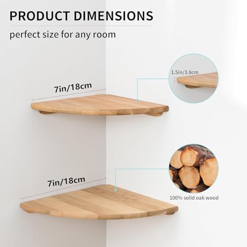 Corner Shelves, Floating Corner Shelf, Set of 2 7inch Solid Oak Wood Wall Shelves, Round End Wall Mount with Wire Hole S