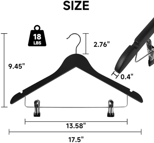 Wooden Hangers with Adjustable Metal Clips, 12-Pack, Black