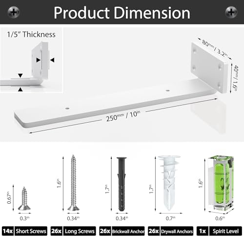 Floating Shelf Brackets 10 Inch 6 Pack, Hidden L Brackets for Shelves White