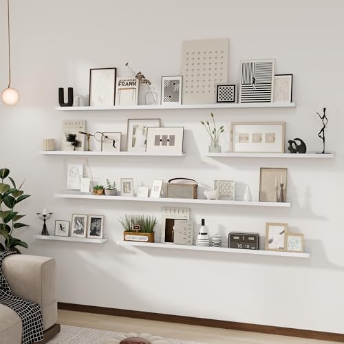 Acovy Solid Ash Wood Picture Ledge Shelf, Floating Shelves Set of 2, 56 Inch Long Large Ledge Shelves, Nursery Book Shelves Wall Mounted for Living Room Bedroom Kitchen Decor Kids Bookshelf, White