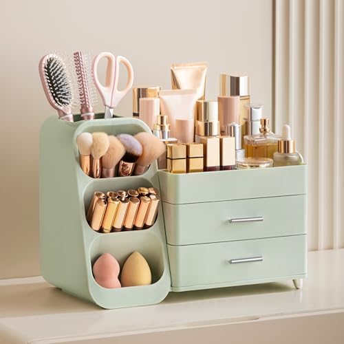 HBlife Makeup Organizer with Brush Holder for Vanity, Large Plastic Bathroom Countertop Organizer Skin Care Storage, Eas