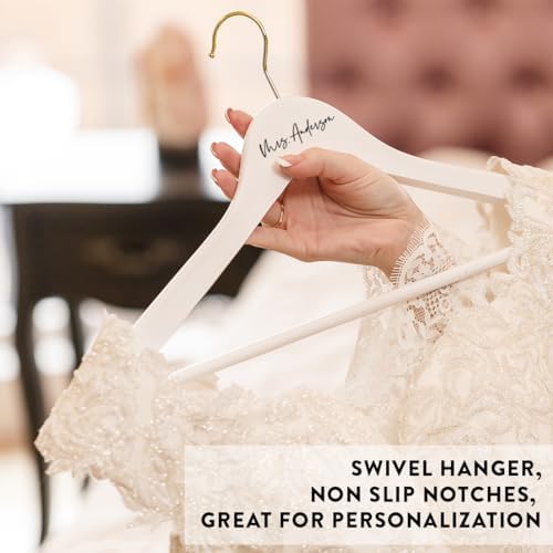 Andaz Press Personalized Bridal Hanger - Premium White Wooden for Wedding Dress, Bridesmaid Dresses, Bridal Party - Custom Name Wedding Gift, Flower Girl - 1-Pack