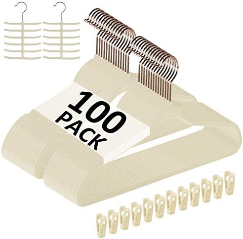 VECELO Premium Velvet Clothes Hangers Suit Heavy Duty (100 Pack)-Non Slip & Space-Saving with 12 Finger Clips & 2Tie Rack Excellent for Men and Women,Light Beige