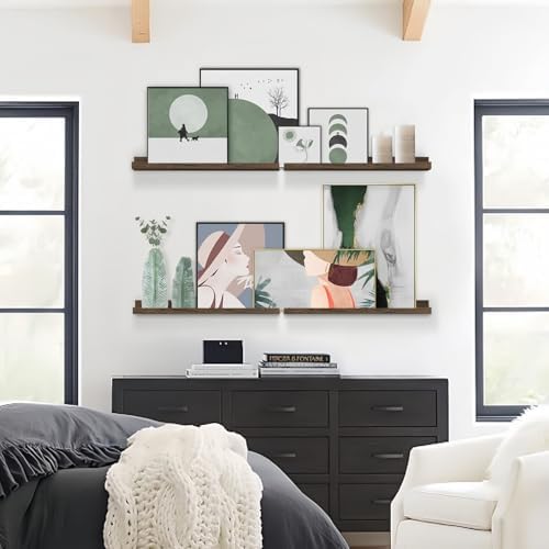 24 Inch Wooden Picture Ledge Shelf, Rustic Brown Phtoto Shelves for Wall