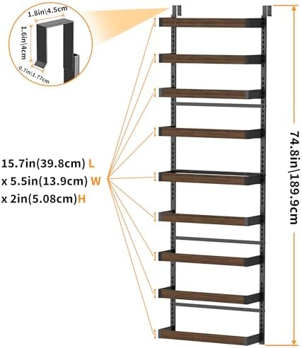 Moforoco Wood 9-Tier Over The Door Pantry Organizer, Wooden Pantry Organization and Storage, Black Hanging Basket Wall S
