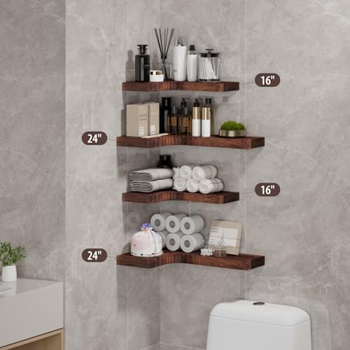 SAUMONIERES Corner Floating Shelves 24 Inch Wall Mount Shelf Solid Wood for Bedroom Bathroom Kitchen Storage Set of 2, R