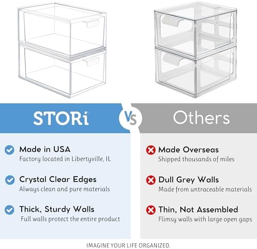 STORi Audrey Stackable Clear Bin Plastic Organizer Drawers | 2 Piece Set | Organize Cosmetics and Beauty Supplies on a V