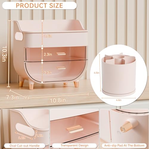Yieach Pink Make up Organizer for Countertop,Vanity,Large Capacity Bathroom Makeup Skincare Organizers With Brush Holder