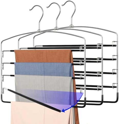 TOPIA HANGER Pant Hangers Space Saving 3 Pack with Non Slip 5 Tiers Hangers