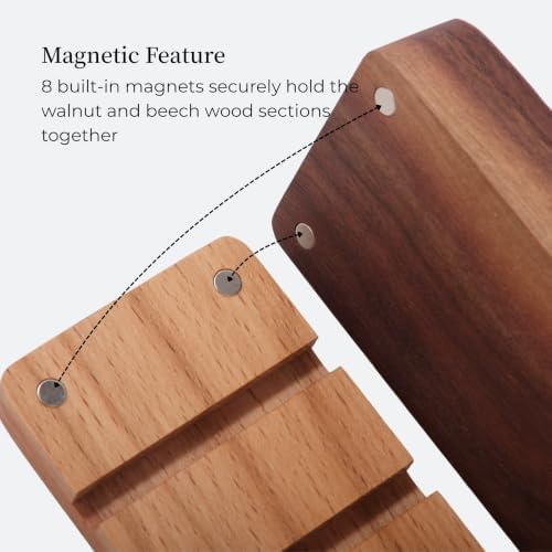 Magnetic Cord Holder with 6 Slots - Walnut & Beech Wood Cable Organizer for Lightning, USB, USB-C, Stick-on Design for D