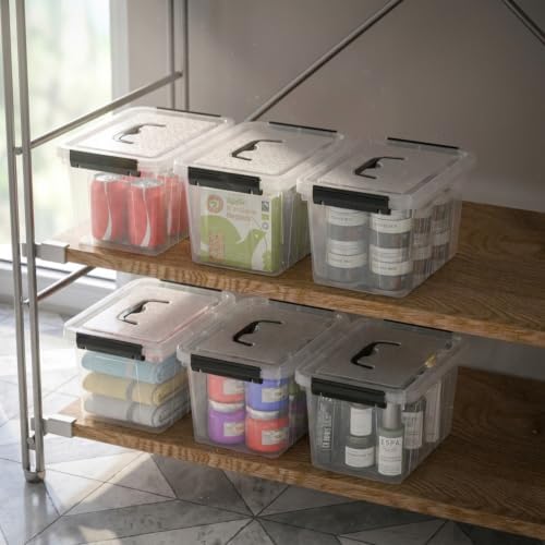 Sandmovie 6 Packs 6 Quart Clear Plastic Storage Bins with Lids, Plastic Organizer Boxes with Handles & Latches, Transpar