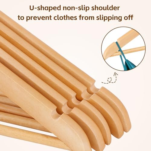 SUPER DEAL Wooden Hangers 50 Pack, Coat Hangers with Shoulder Notches 360 Swivel Chrome Hook Smooth Finish Non-Slip for Strap, Dress, Shirt, Pant, Jacket, Natural
