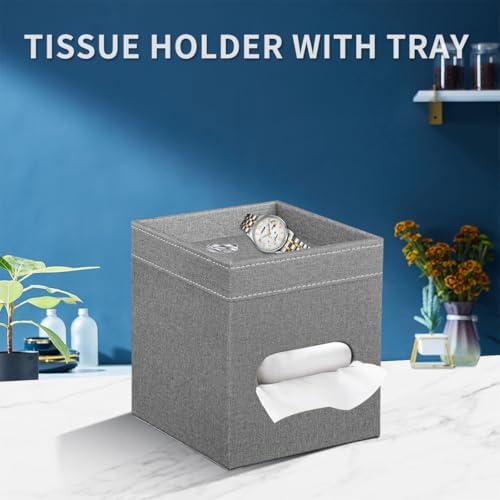 Square Tissue Box Cover with Storage Tray,Modern Decorative Tissue Holder