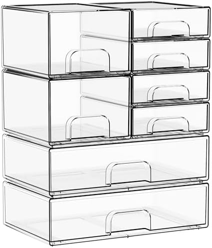 Yieach 8 Pack Clear Stackable Storage Drawers,Acrylic Drawer Organizer for Medicine,Palettes,Hair Accessories and Makeup