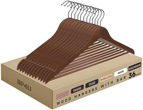 Wooden Clothes Hangers with Pants Bars, Walnut, 36-Pack