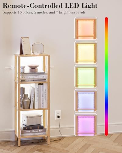 Open Book Shelf with LED Lights, 4 Tier Small Bookshelf, Freestanding Shelf Narrow Bookcase with Open Shelves, 14.96" x 