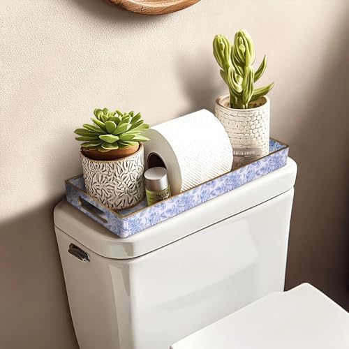 MAONAME Blue Bathroom Vanity Tray, Plastic Decorative Trays with Handles