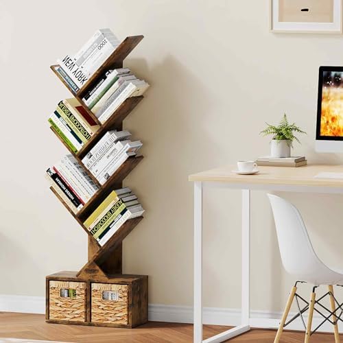 Vagusicc 6 Tier Tree Bookshelf with 2 Storage Cabinets, Tall Display Shelf Organizer for Books, Magazines, Home Decor, N