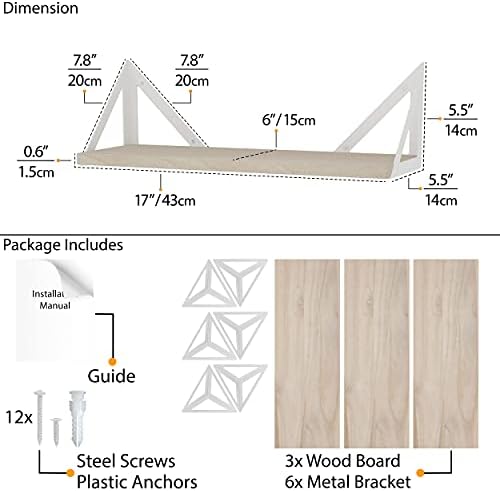 Wallniture Minori Floating Shelves for Wall Storage, Floating Bookshelf Set of 3, Bathroom and Kitchen Organizer Natural Wood Wall Shelves with White Brackets