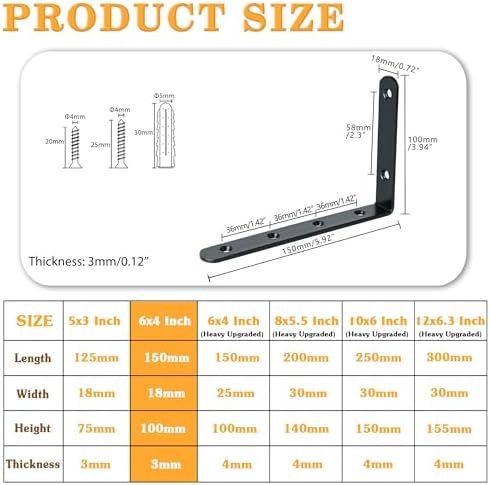 Alise Black Floating Shelf Brackets,L Bracket for Shelves,6x4 Inch,4 Pcs