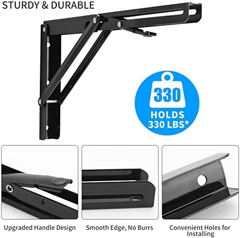 YUMORE 14 Inch Folding Shelf Bracket, Heavy Duty L Bracket, Black, 2 Pack