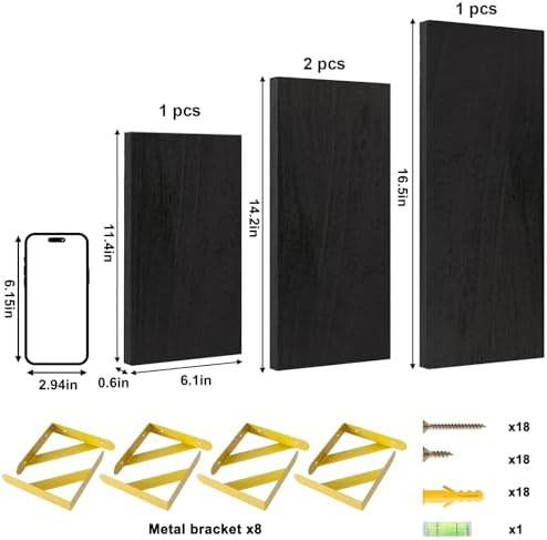 YGEOMER 4 Different Sizes Floating Shelves for Wall Decor, Black and Gold
