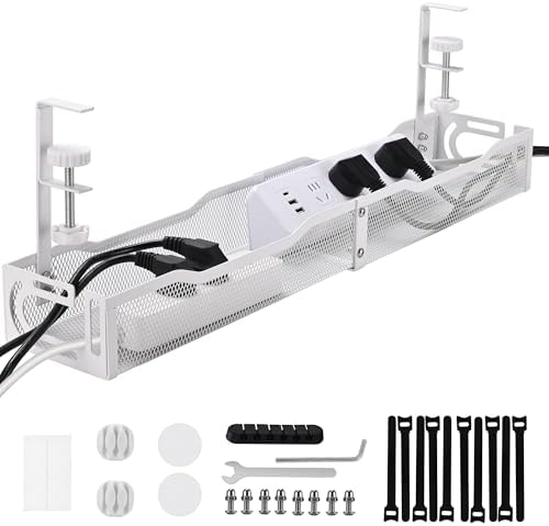 Under Desk Cable Management Box 25.3 Inch – Clamp-Mounted Cable Organizer Tray, Large Cord Management Box for Office & H