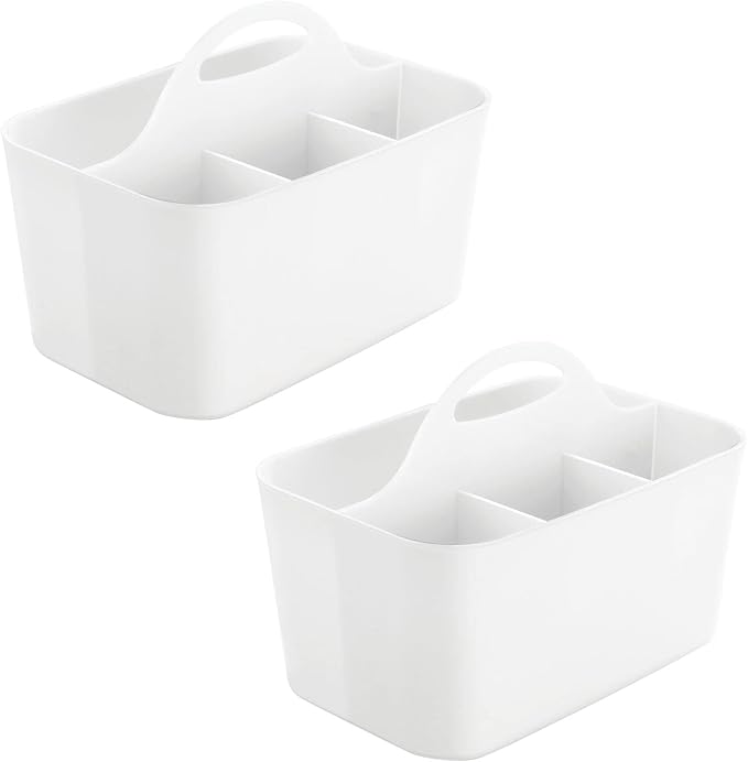 mDesign Plastic Portable Craft Storage Organizer Caddy Tote, Divided Basket Bin w/Handle - Craft, Sewing, Art Supplies - Holds Brushes, Colored Pencils - Lumiere Collection - White, 2 Pack