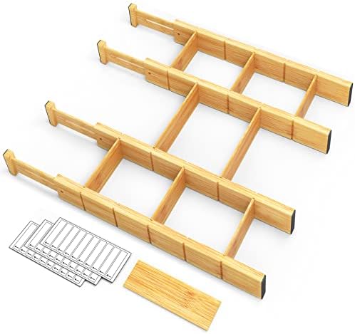SpaceAid Bamboo Drawer Dividers with Inserts and Labels, Kitchen Adjustable Drawer Organizers, Expandable Organization for Home, Office, Dressers, 4 Dividers with 9 Inserts (17"-22" Natural)