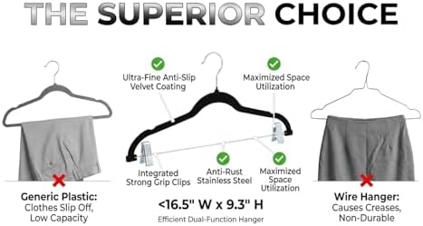Velvet Pants Skirt Hangers with Clips - Pack of 20 Black Shirt Clothes Felt Non Slip Heavy Duty Slim Hanger Set for Skirts Pant Suit Shorts Women Dress,Space Saving with Two Metal Clip