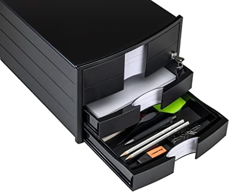 HAN Impuls 2.0 Drawer Box Lockable with 3 Closed Drawers for DIN A4/C4 Including Labelling Labels, Document Box, Base with Pull-Out Lock, Furniture-Friendly Rubber Feet, 1018-13, Black