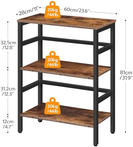 HOOBRO 3 Tier Bookshelf, 23.6" L Industrial Bookcase, Record Storage Rack with Side Fence, Storage Shelf with Metal Fram
