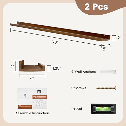 FLYJOE Picture Ledge Shelf, Floating Shelves Set of 2, Solid Pine Wood 72'' Long Large Nursery Book Shelves for Toys Storage, Kids Bookshelf for Living Room Bedroom Decor Books Photo Frames, Walnut