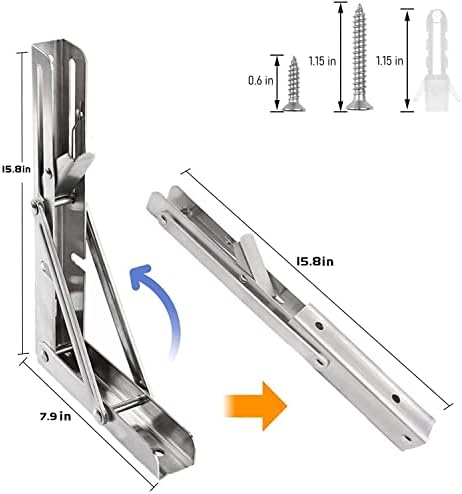 Folding Shelf Brackets Stainless Steel 16 inch 2 Pcs Max Load: 350 lb - Heavy Duty DIY Wall Mounted Collapsible Shelf Br