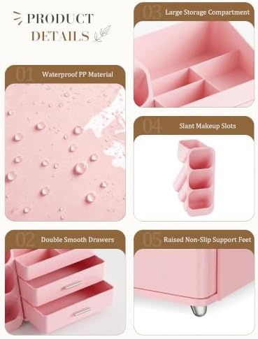 Pink Makeup Organizer with Drawer for Bathroom Countertop Dresser Desk