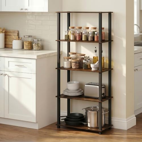 Furinno Turn-S-Tube 5-Tier Multipurpose Shelf Display Rack with Square Tubes, Amber Pine/Black