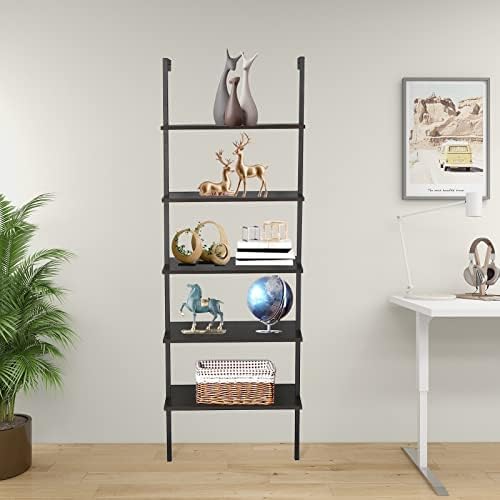 5 Tier Industrial Wall Mounted Bookshelf,Modern Ladder Bookcase Storage Organizer,Open Display Storage Rack,Plant Flower
