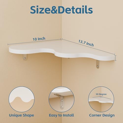 Cute Cloud Corner Shelves - Set of 2 White Wooden Floating Corner Shelves Wall Mounted, 90-Degree Space-Saving Nursery S
