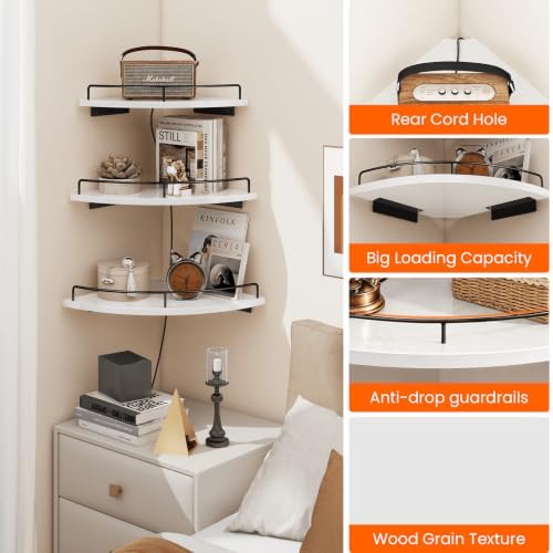 Homode Corner Wall Shelves, 3 Tier Wooden Corner Floating Shelves, White