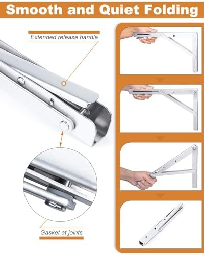 8-Inch Foldable Brackets for DIY Folding Shelves or Tables, L Shelf Brackets Collapsible, Heavy Duty Stainless Steel, Ma
